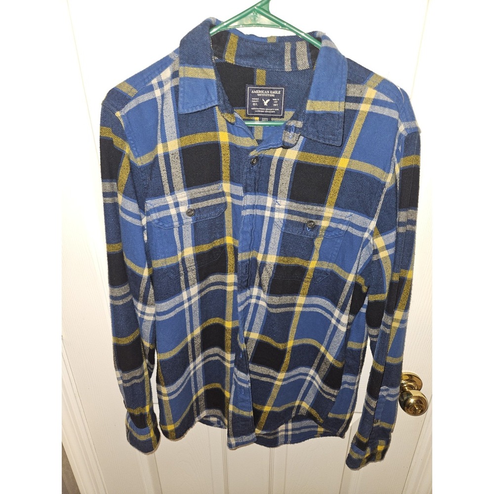 American Eagle Outfitters Men's Plaid Flannel Shirt Blue M Pockets